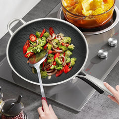 13.4Inch Stainless Steel Frying Pan Nonstick Honeycomb Fry Pan With Lid Induction Compatible Skillet