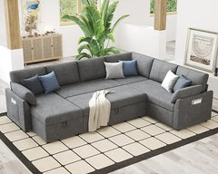 Sleeper Sofa, Oversize - 2 in 1 Pull Out Bed, Sectional Sleeper Sofa with Double Storage Chaise for Living Room, Boucle Couch