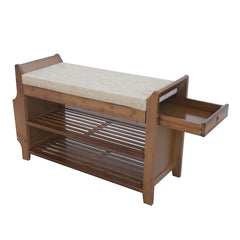 2-Tier Bamboo Shoe Bench w/ Seat Removable Cushion Entryway Shoe Organizer Shelf w/ Drawer