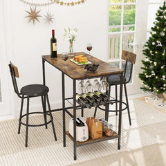 3 Pieces Pub Dining Table Set, Bar Counter Table, Height Modern Versatile Set with Storage Shelf, Wine Rack & Glasses Holder