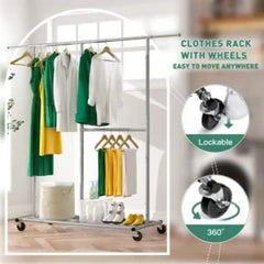 Clothing Rack for Hanging Clothes, Rolling Heavy Duty Clothes Rack with Wheels for Walk-in Closet