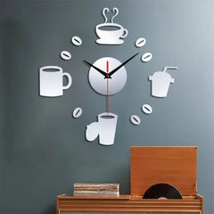 Home 3D Mirror Wall Clock Self Adhesive Modern Mute Acrylic Art Analog Kitchen DIY Coffee Cups Decor Waterproof Wall Decoration