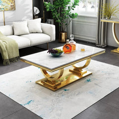 47 inch White Marble Coffee Table with Mirrored Stainless Steel Metal Base, Rectangle Faux Marble Top Coffee Tables Center Table