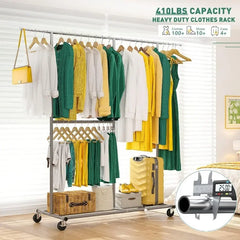 Clothing Rack for Hanging Clothes, Rolling Heavy Duty Clothes Rack with Wheels for Walk-in Closet