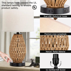 Touch Control Rattan Table Lamps, 3 Way  Bedside Lamps for Bedroom Set of 2 with 2 USB Ports and AC Outlet, Wicker