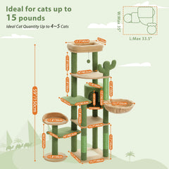 Cactus Tall Cat Tree for Large Cat Multi-Level Cat Tower for Indoor Cats Cat Condo with Large Hammock Scratching Post  2 Perches