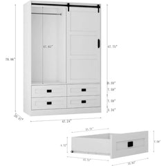 Armoire Wardrobe Closet with Sliding barn Door, Wardrobe Cabinet with 4 Storage Drawers and Hanging Rail, Wooden Closet