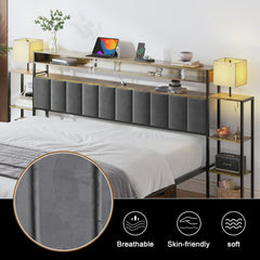 Queen Size Bed Frame with Bookcase Upholstered Headboard, Metal Platform Bedframe with Storage Nightstand and Table Lamp, Bed