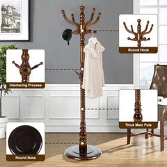 Wood Coat Rack, Creative Design Rack Freestanding with Stable Round Base, 70" Wooden Rack Stand with 11 Hooks, Tr