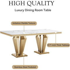 70 Inch Luxury Marble Dining Table Set, Modern Imitation Marble Dining Table, Equipped with 6 Sets of White Velvet Dining Chairs