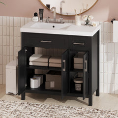 36" Black Bathroom Vanity Cabinet with Resin Integrated Sink - 2 Drawers, 3 Doors