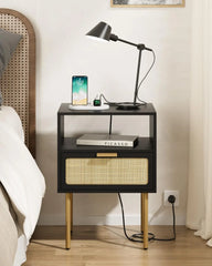 Rattan Nightstand with Charging Station, 2 Drawer Dresser for Bedroom, Small Bedside Table with 2 Drawers, Night Stand,