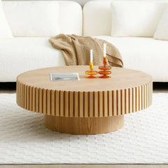 31.49'' Round Coffee Table Wood End Table for Living Room, Modern Contemporary Circle Fluted Drum Side Table, Easy Assembly