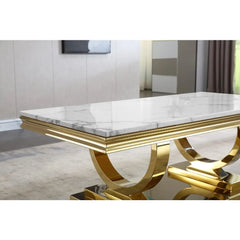 47 inch White Marble Coffee Table with Mirrored Stainless Steel Metal Base, Rectangle Faux Marble Top Coffee Tables Center Table