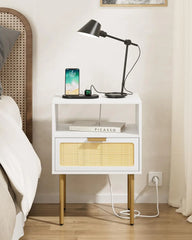 Rattan Nightstand with Charging Station, 2 Drawer Dresser for Bedroom, Small Bedside Table with 2 Drawers, Night Stand,