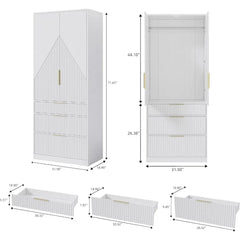 71.7" Wardrobe Armoire Closet with 2 Doors and 3 Drawers, Hanging Rod Shelf, Freestanding Wooden Closet Storage Cabinet