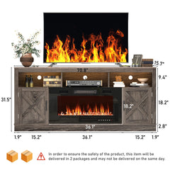 Farmhouse Fireplace TV Stand for 70/75/80” TV, 71” Entertainment Center with 36”Electric Fireplace & LED Light, White/Grey