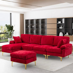 U-Shaped Sectional Sofa Couch, 4 Seat Sofa Set for Living Room, Convertible L-Shaped Velvet Couch Set with Chaise Lounge