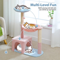 Flower Cat Tree with Large Metal Frame Hammock Cute Cat Tower with Sisal Scratching Posts for Small Indoor Cats with Pink Perch