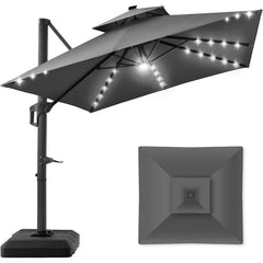 10x10ft 2-Tier Square Cantilever Patio Umbrella with Solar LED Lights, Offset Hanging Outdoor Sun Shade