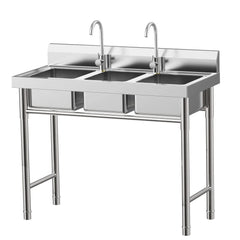 3 Compartment Freestanding Stainless Steel Utility Sink Commercial Kitchen Sink Laundry Basin with 2 Hot Cold Faucets + 3 Drains