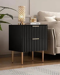 Black Night Stand Set 2, Wide Fluted Nightstand with 2 Drawers, Modern Glossy Storage Bedside Table for Bedroom, End Sid