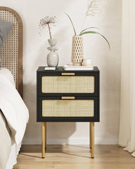 Rattan Nightstand with Charging Station, 2 Drawer Dresser for Bedroom, Small Bedside Table with 2 Drawers, Night Stand,