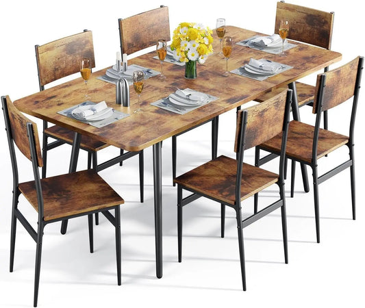 Qsun 63” Extendable Dining Table Set for 4-6 People, 7-Piece Dining Table Set, Rustic Brown Kitchen Table Set for Small Space