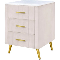 3-drawer Bedside Table with Metal Legs and Handles, Cushioned Bedside Table with Artificial Marble Countertop