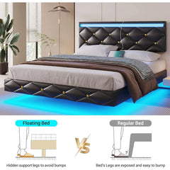 Floating Bed Frame King Size with Led Lights and USB Ports,Faux Leather Platform King Bed Frame with Headboard Easy To Assemble