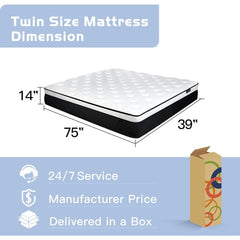 Twin Mattress, 14 Inch Euro Top Twin Size Mattress in a Box,Memory Foam Hybrid Mattress with Individually Pocket Springs