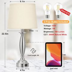 Bedrooms Touch Control Bedside Lamp with USB C+A, 3 Way Dimmable Nightstand Lamps with USB Port, Brushed Nickel Table Lamp for