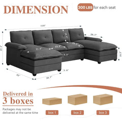 Sectional Couches for Living Room, U Shaped Couch 110in Sectional Sofa,Cloud Couch for Living Room (Black)，Living Room Sofas