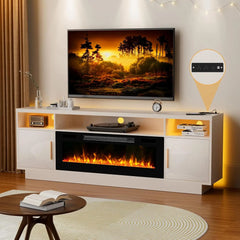 70'' TV Stand with 36'' Fireplace-LED Light Entertainment Center for 75+ inch TV-White TV Cabinet with Storage