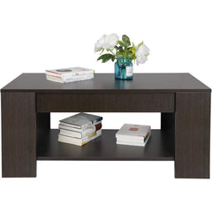 Modern Lift Top Coffee Table w/Hidden Compartment and Storage Shelves Pop-Up Storage Cocktail Table for Living Room