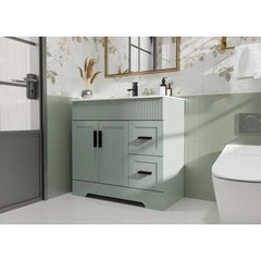 36" Bathroom Vanities Sink Combo Set, Modern Cabinet w/Wave Lines, Undermount Ceramic Sink w/Matte Black Faucet Drain