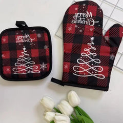 2pcs/Set Christmas Oven Gloves And Pot Holders Set Baking Anti-Hot Gloves Kitchen Cooking BBQ Gloves Xmas Decor New Year 2025