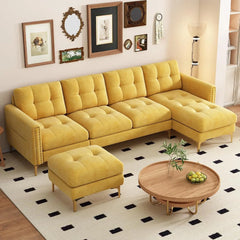 Modern Velvet Large Sectional Sofa with Chaise Ottoman Storage U Shape Couch Living Room Relaxing Comfort with Tufted Cushions