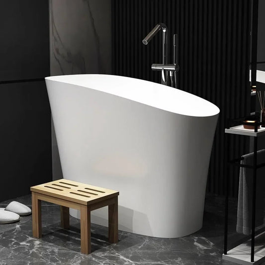 Japanese Soaking Bathtub 47'' Oblique Freestanding Tub Stone Resin Deep Soaking Bathtub in Matte White