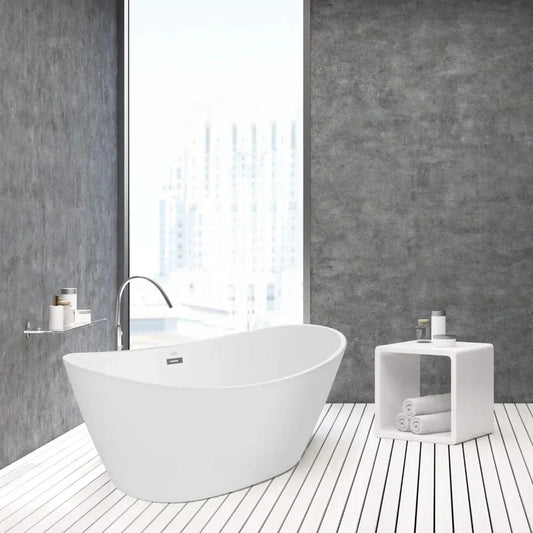 Bathtub, 59-inch, Acrylic Freestanding, Deep Soaking Tub with Overflow and Drain, Spa Tubs, Bathroom Freestanding Tubs