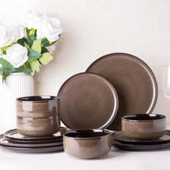 Ceramic Dinnerware Sets,12-Piece Plates and Bowls,Handmade Reactive Glaze Dishes Set,Chip Resistant and Scratch Resistant