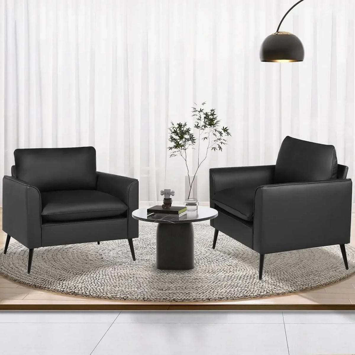 Accent Chairs Set of 2, Black Leather Accent Chair, Comfy Living Room Chair, Cozy Reading Sitting Chair