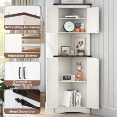 Farmhouse Corner Cabinet, 5-Tier Tall Storage Cabinet with Barn Doors & Adjustable Shelves, Corner Storage Cabinet, White/ Brown