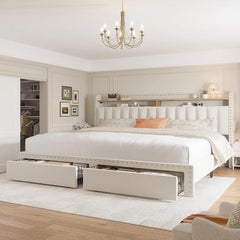 King Size Bed Frame with Storage and Headboard, Upholstered Bed Frame with Storage, Bed Frame with 2 Drawers, Large size