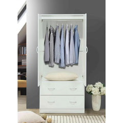 2 Door Wood Wardrobe Bedroom Closet with Clothing Rod inside Cabinet, 2 Drawers for Storage and Mirror, White