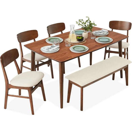 6-Piece Dining Set, Mid-Century Modern Wooden Table & Upholstered Chair Set for Home, Dining Room W/ 4 Chairs, Bench Seat