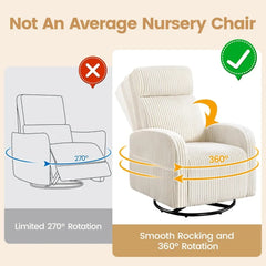 360°Swivel Glider Chair,Rocking Chair Nursing Chair with Side Pockets,Corduroy Glider for Living Room with Back Beige,Sofa Chair