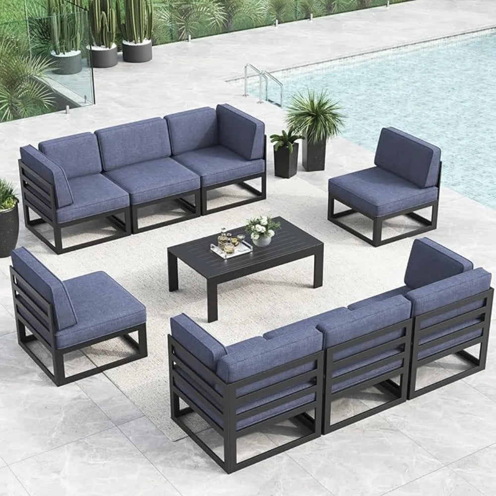 Large Aluminum Patio Furniture Set, 9 Pieces Modern Outdoor Conversation Set Sectional Metal Sofa Set Garden Furniture Sets