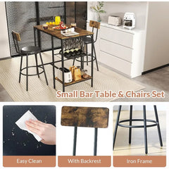 3 Pieces Pub Dining Table Set, Bar Counter Table, Height Modern Versatile Set with Storage Shelf, Wine Rack & Glasses Holder