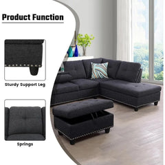 Sectional Sofa with Ottoman Nail-Head Design Linen Right Facing Modern Couches with Cup Holder L Shaped Sectional Sofa